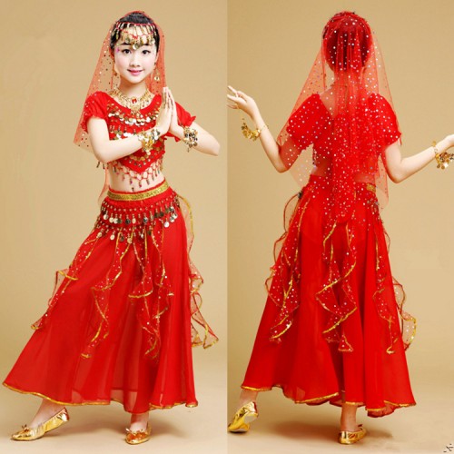 Children belly dance costumes turquoise yellow red stage performance Indian queen dancing cosplay dresses